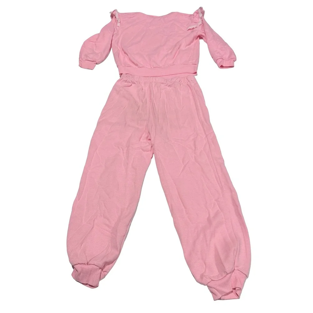 Vintage Rhythm Kids Pink Teddy Bear Heart Sweatsuit Set Lace Ruffle Size 6‎